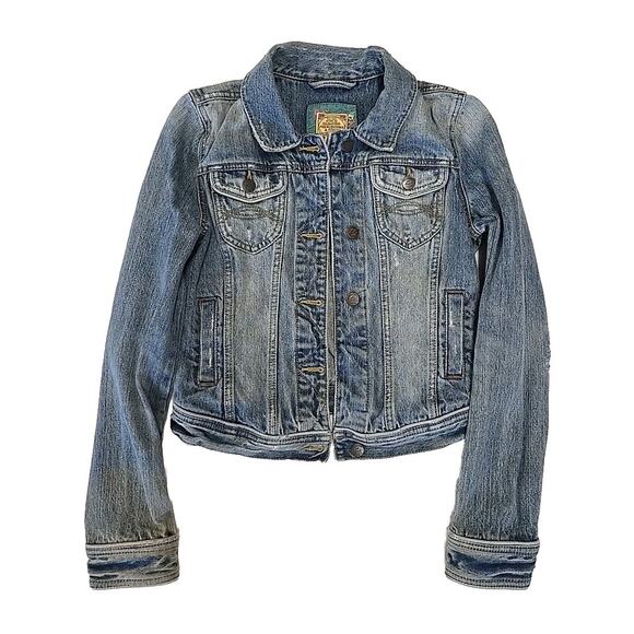 Vtg Abercrombie & Fitch Womens Denim Trucker Jacket Sz M Distressed Y2K Cropped - Picture 4 of 11